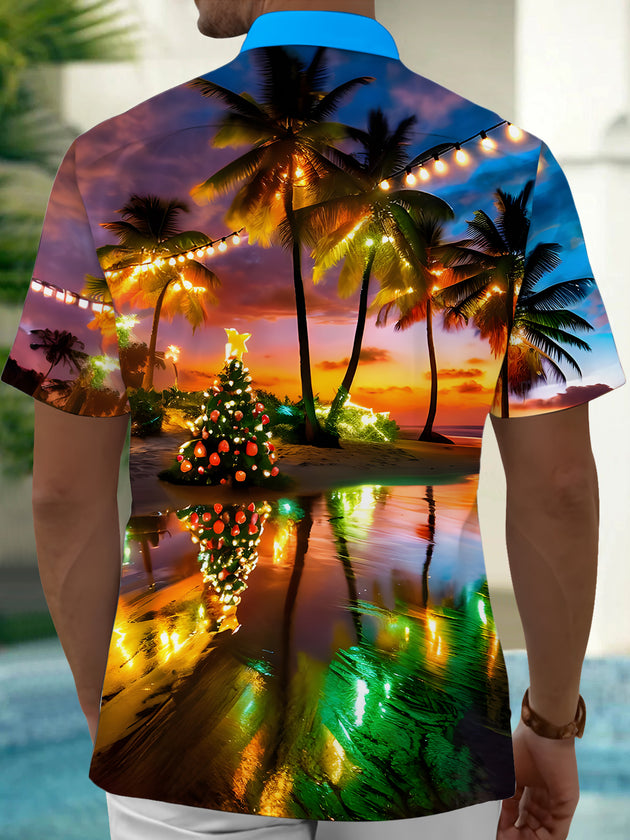 Men's Christmas Hawaiian coconut tree print pocket short sleeve shirt back view