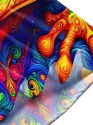 Men wearing colorful frog swirl short sleeve shirt at outdoor event