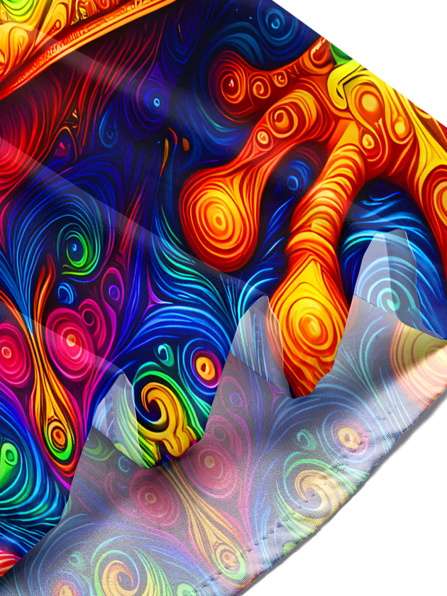 Men wearing colorful frog swirl short sleeve shirt at outdoor event