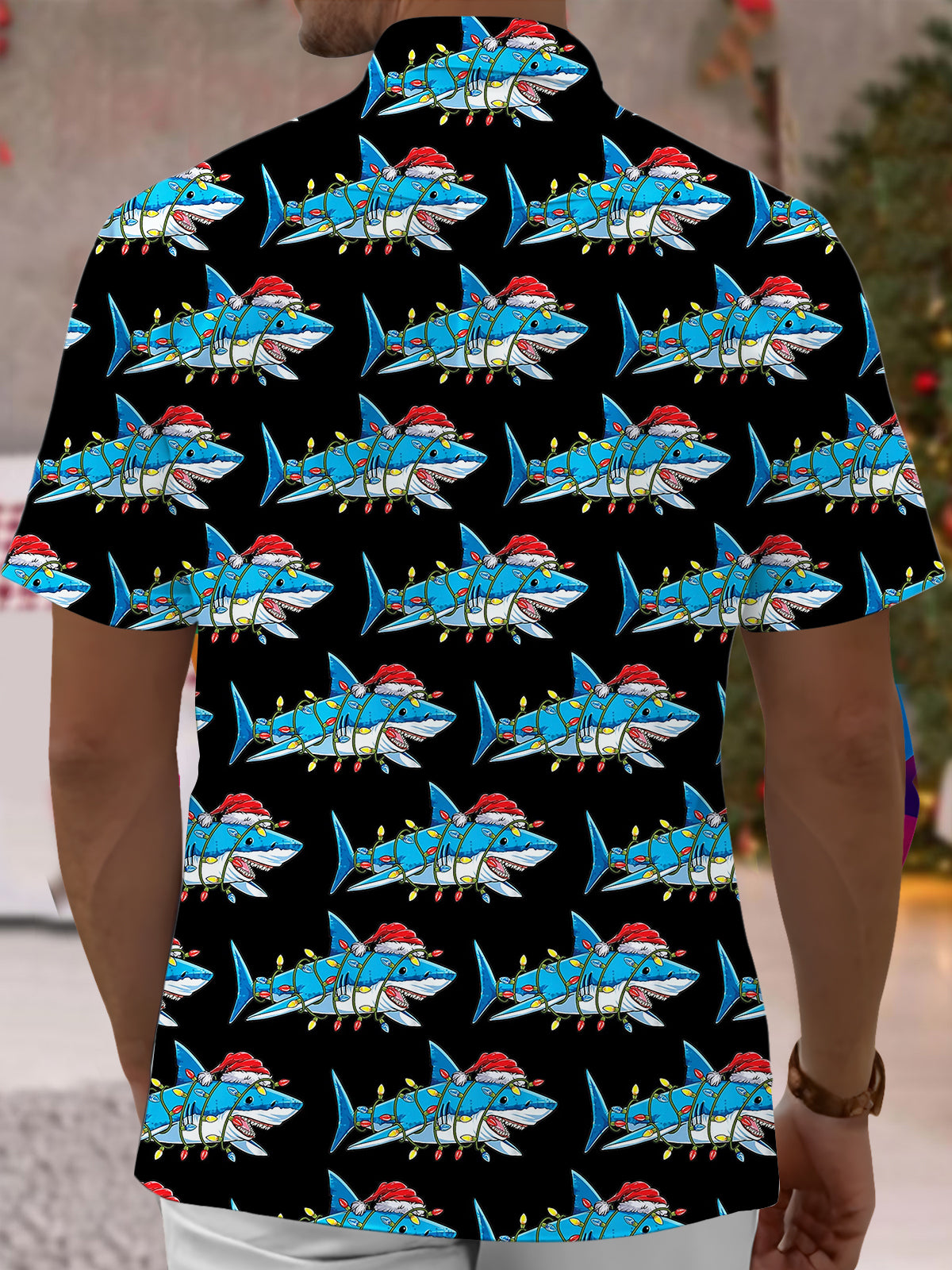 Christmas Shark Print Men's Pocket Short Sleeve Shirts