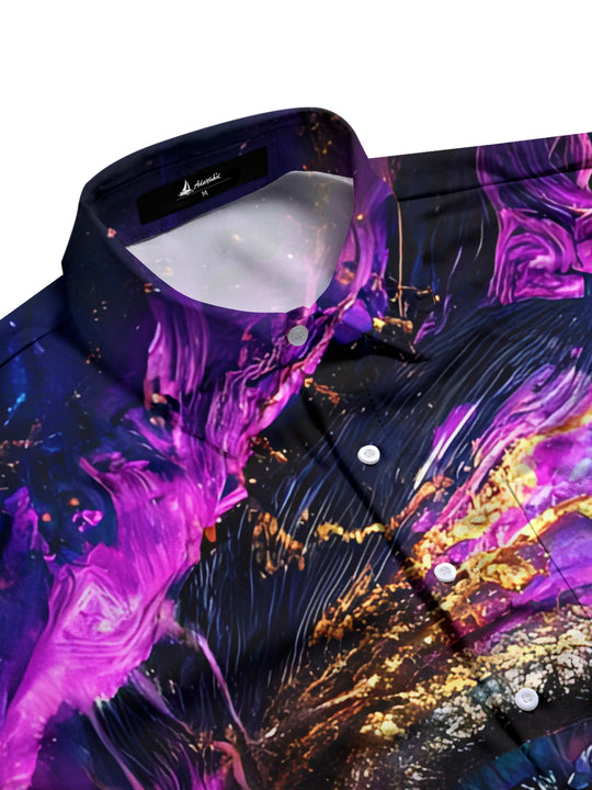 Men's short sleeve shirt with eye print, side view showing half sleeve design