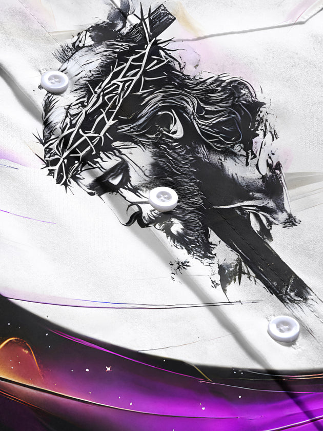 Men's abstract print short sleeve shirt flat lay pattern detail