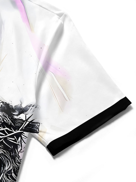Men's abstract print short sleeve shirt fabric detail close-up