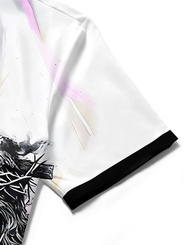 Men's abstract print short sleeve shirt fabric detail close-up