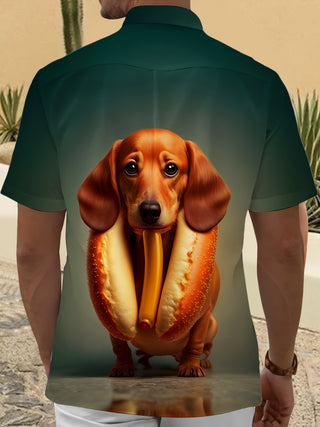 Men's funny hot dog puppy print short sleeve shirt back view
