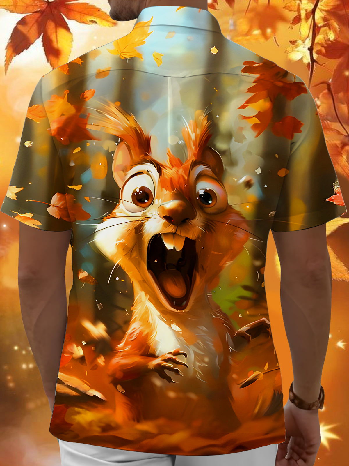Funny Squirrel Maple Leaf Men's Pocket Short Sleeve Shirts