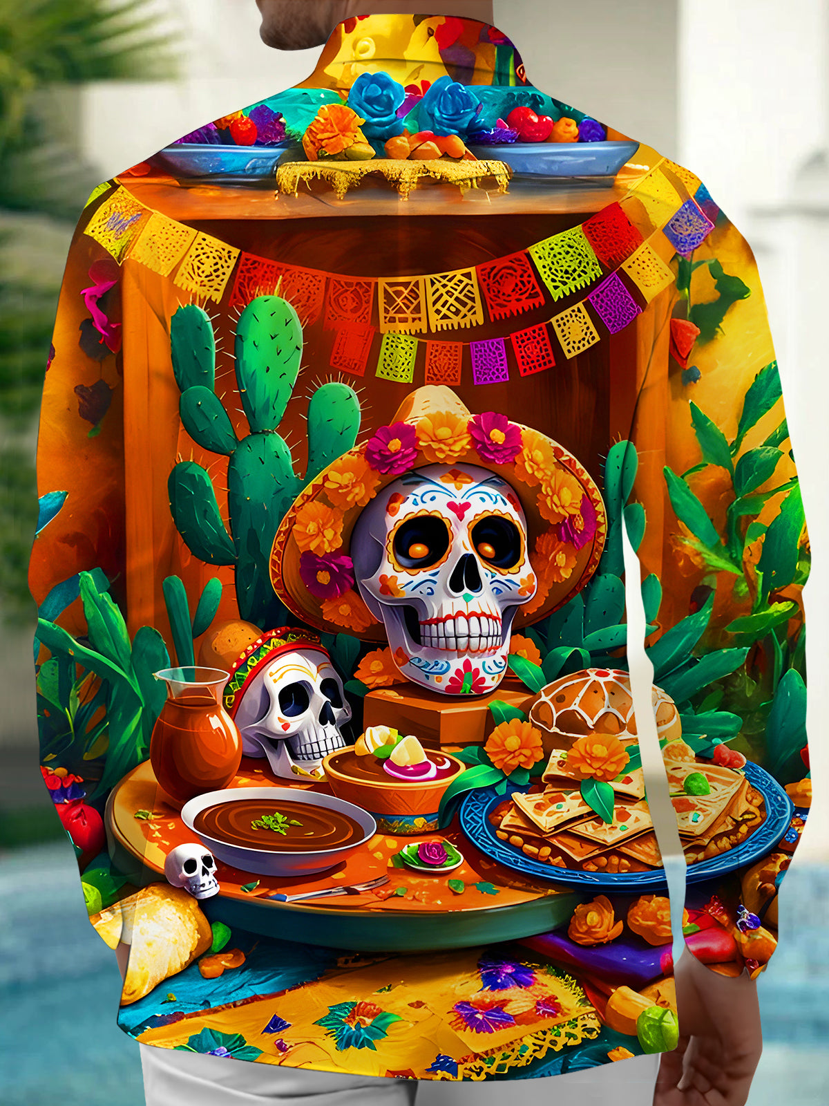 Colorful Sugar Skull Cactus Festival Food Men's Pocket Long Sleeve Shirts