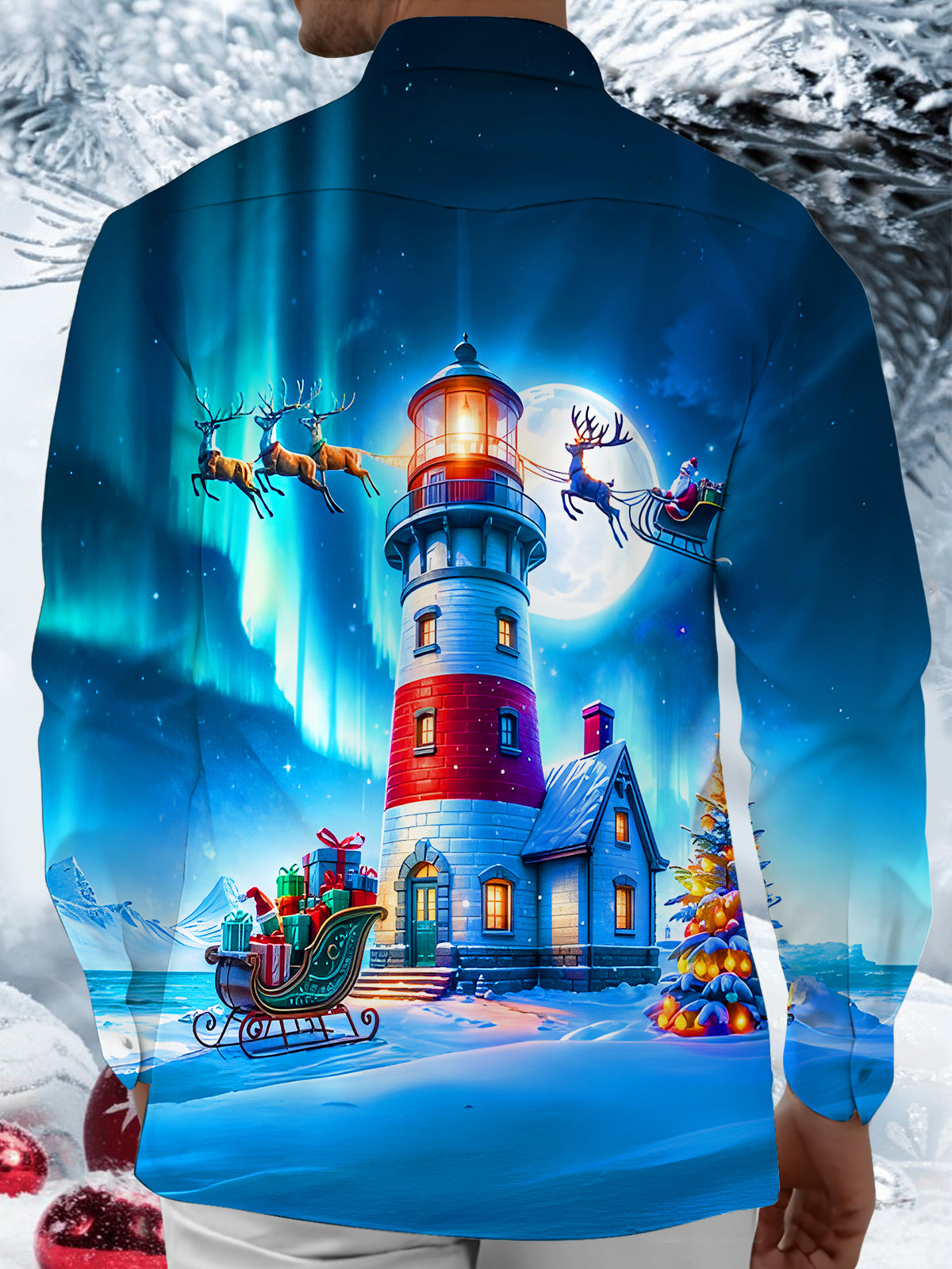 Funny Christmas Lighthouse Aurora Snow Xmas Men's Pocket Long Sleeve Shirts