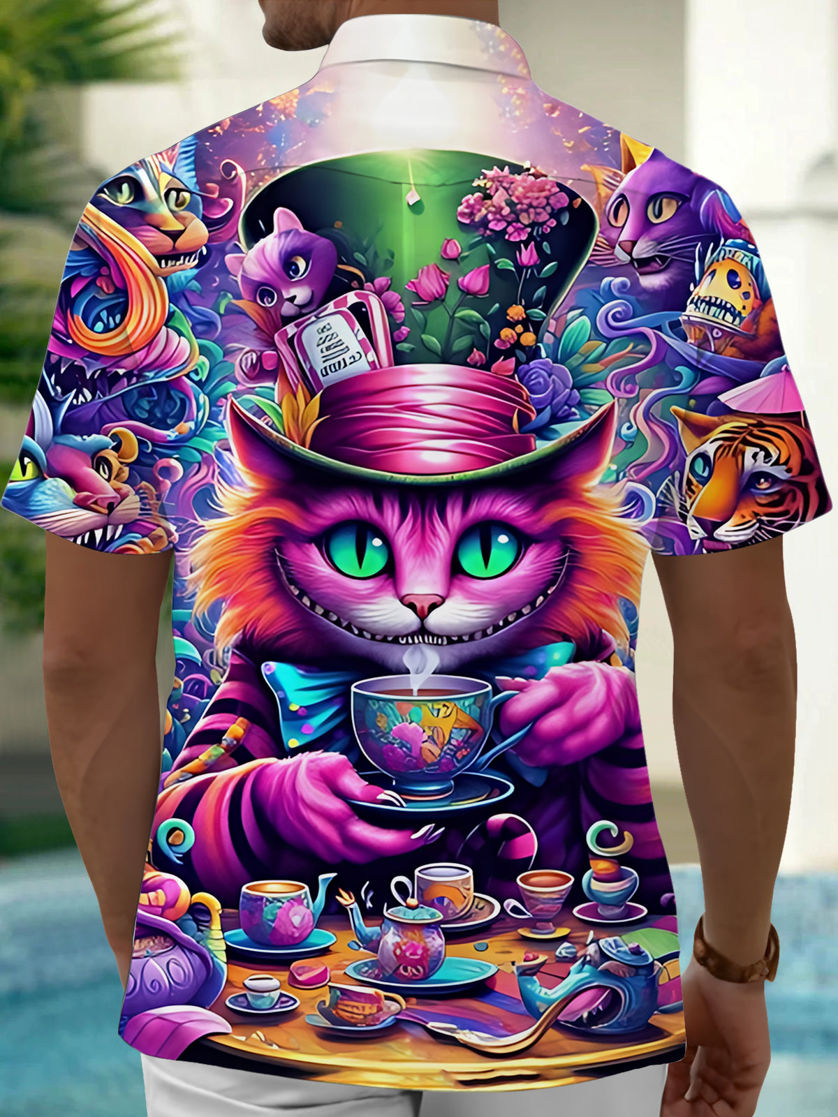 Cat Print Men's Pocket Short Sleeve Shirts