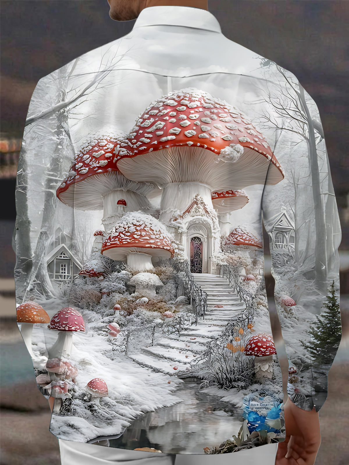 Mushroom Print Men's Pocket Long Sleeve Shirts