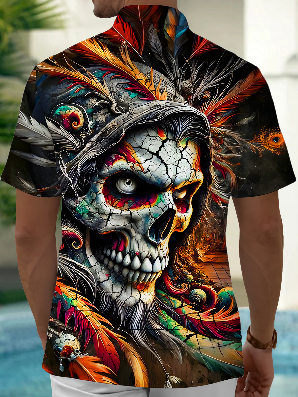 Funny Dark Skull Feather Halloween Men's Pocket Short Sleeve Shirts