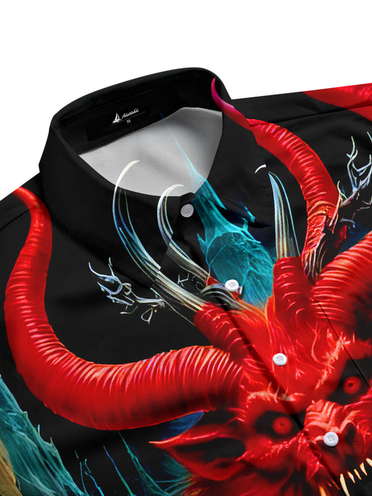 Men's dark red horror print short sleeve shirt side view