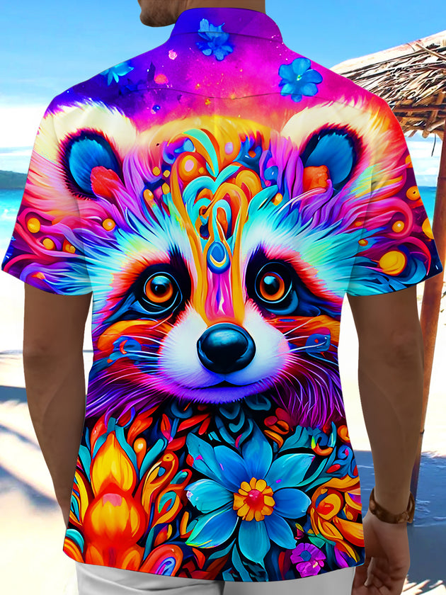 Men's colorful raccoon floral short sleeve shirt back view