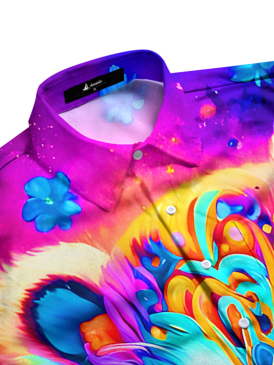 Men's vibrant floral short sleeve shirt with raccoon print, side view