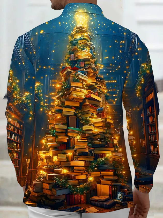 Men's book Christmas tree pocket long sleeve shirt back view