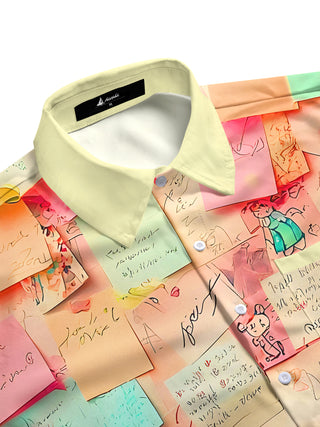 Men's colorful long sleeve shirt with sticky note print, side view showing full sleeve design