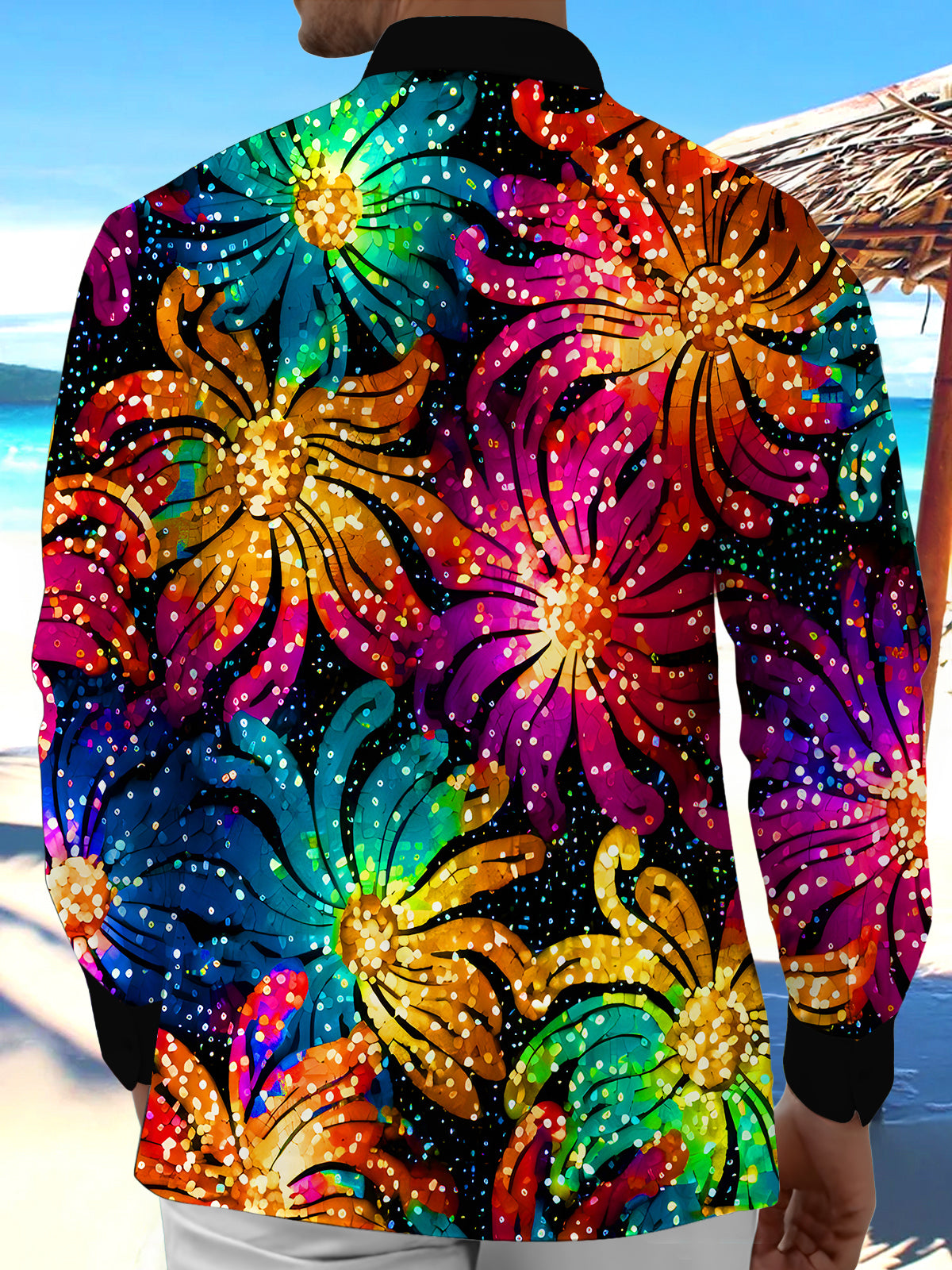 Sparkling Colorful Floral Men's Pocket Long Sleeve Shirts