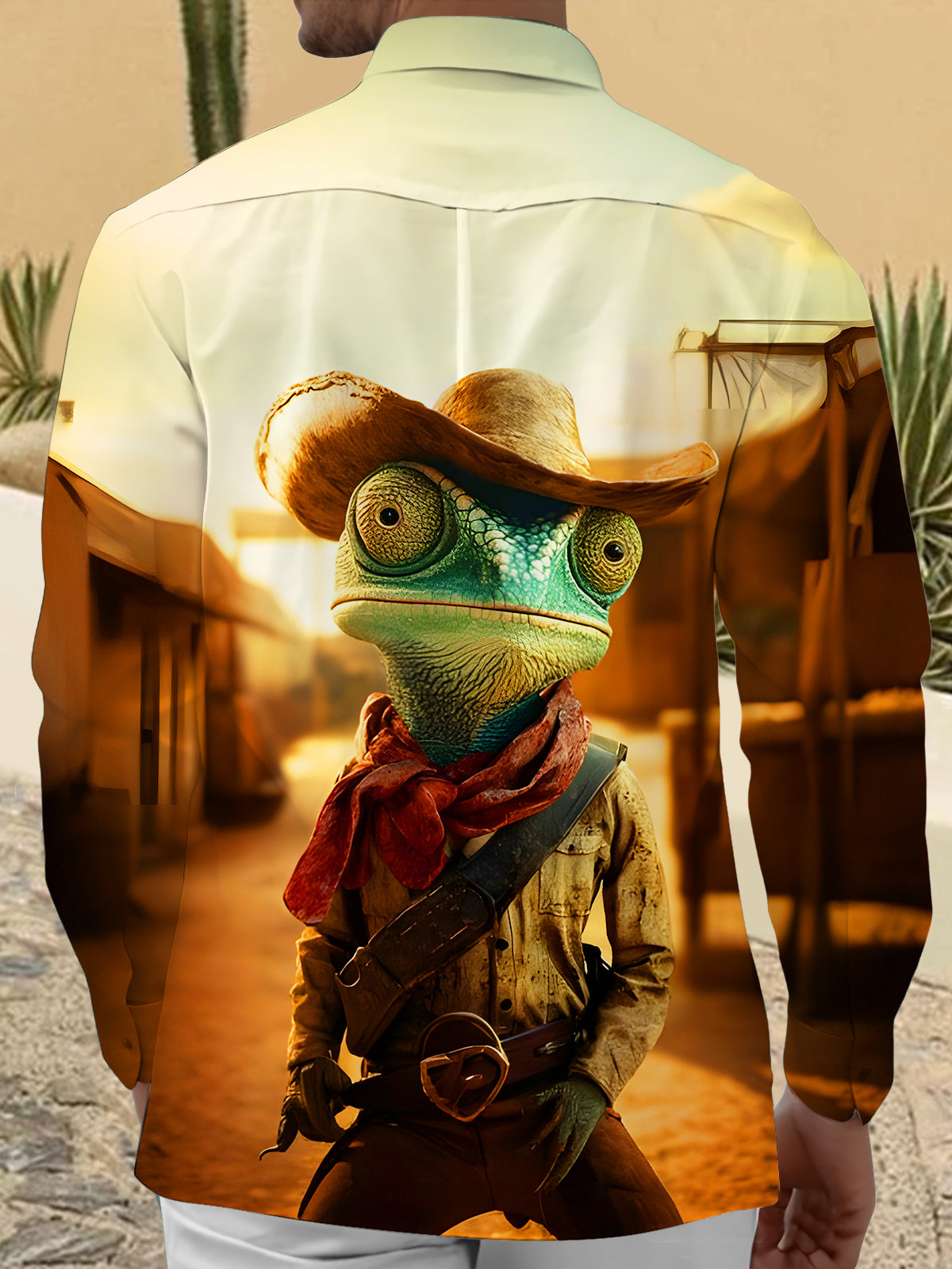 Funny Chameleon Western Cowboy Men's Pocket Long Sleeve Shirts