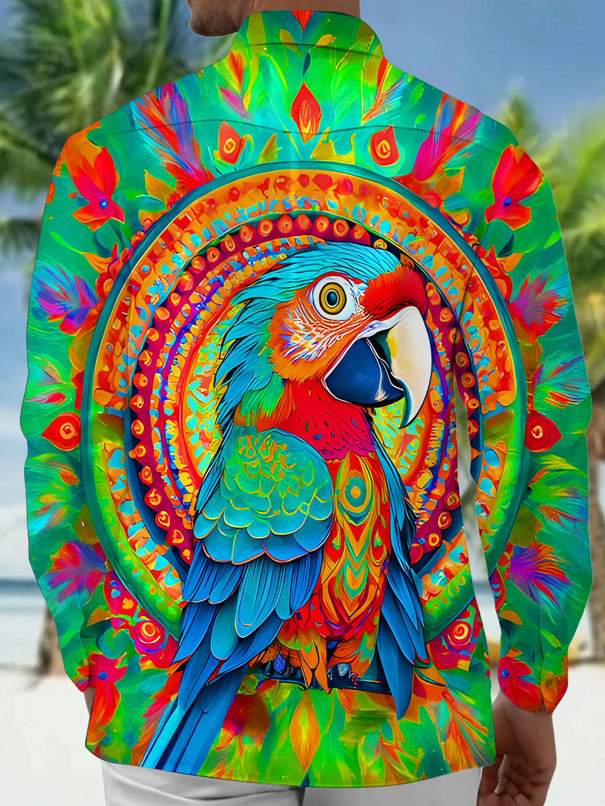 Funny Colorful Parrot Floral Men's Pocket Long Sleeve Shirts