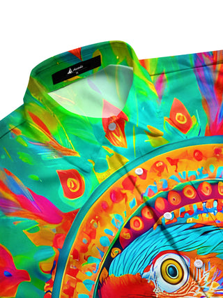 Men's vibrant multicolor parrot floral long sleeve shirt, side view