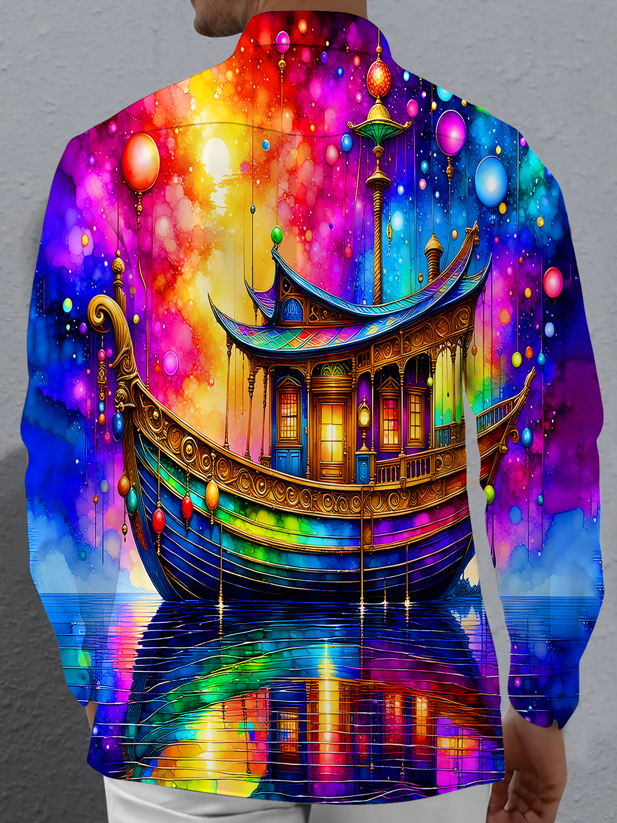 Tie Dye Psychedelic Colorful Boat Men's Pocket Long Sleeve Shirts