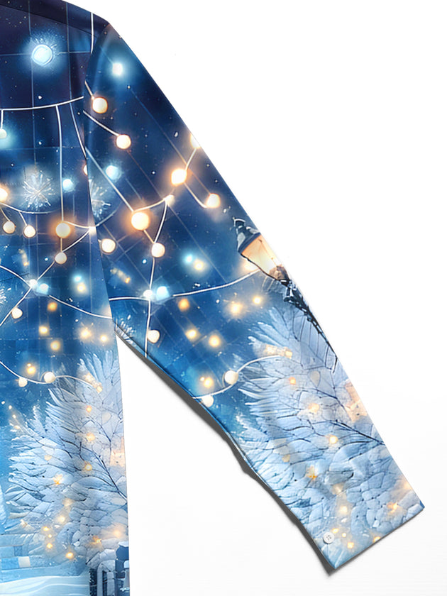 Men's Christmas tree long sleeve shirt close-up detail showing fabric texture and stitching