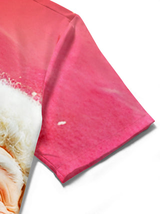 Men's Santa Claus graphic short sleeve shirt detail close-up fabric texture
