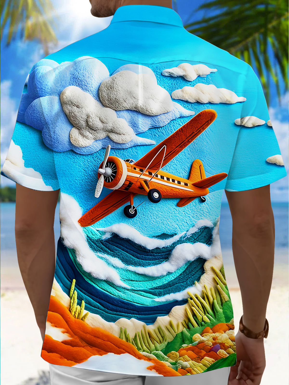 Vintage Airplane Flying Over Colorful Mountains Sea Clouds Men's Pocket Short Sleeve Shirts
