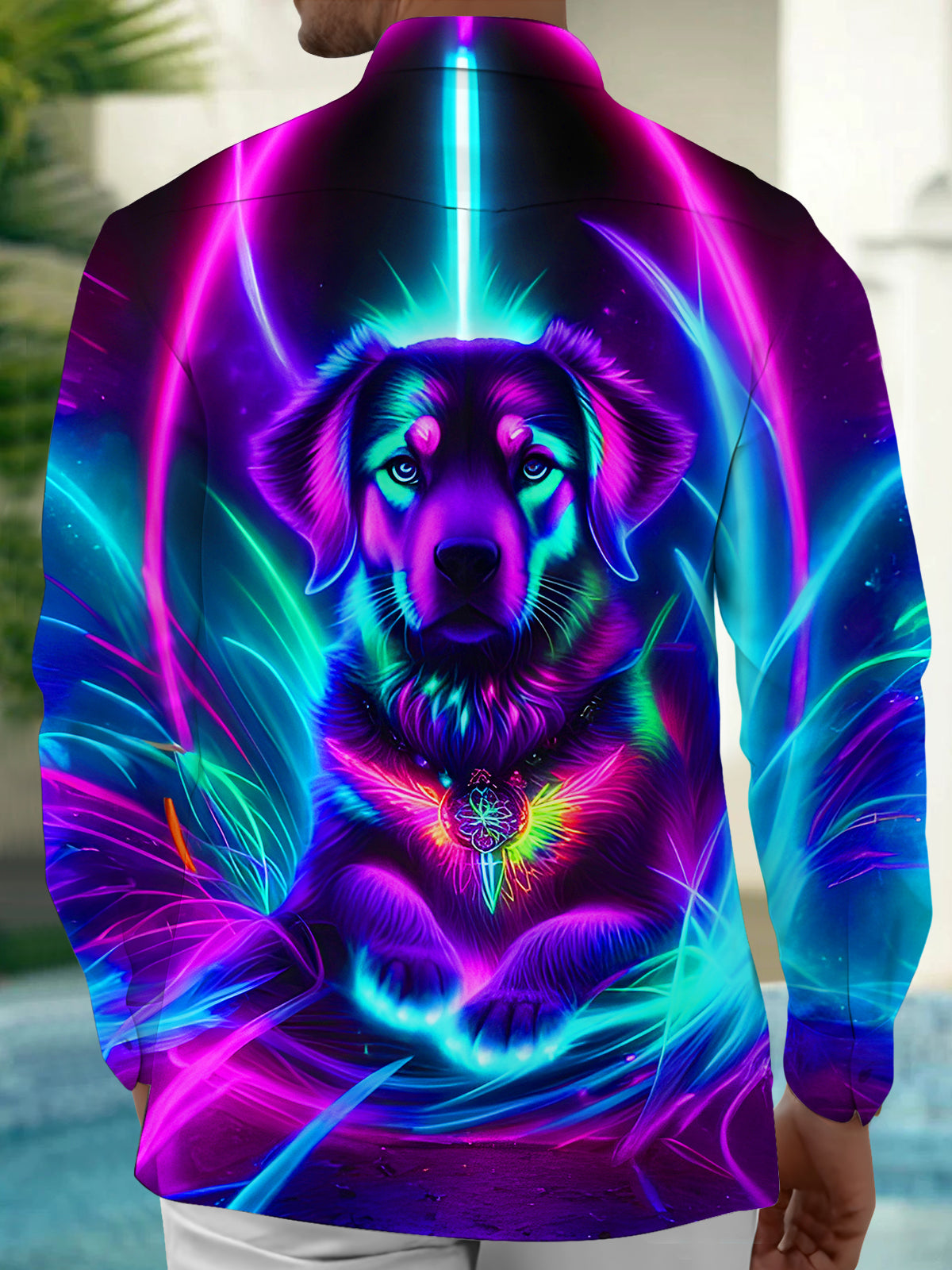 Neon Cyber Phantom Dog Men's Pocket Long Sleeve Shirts
