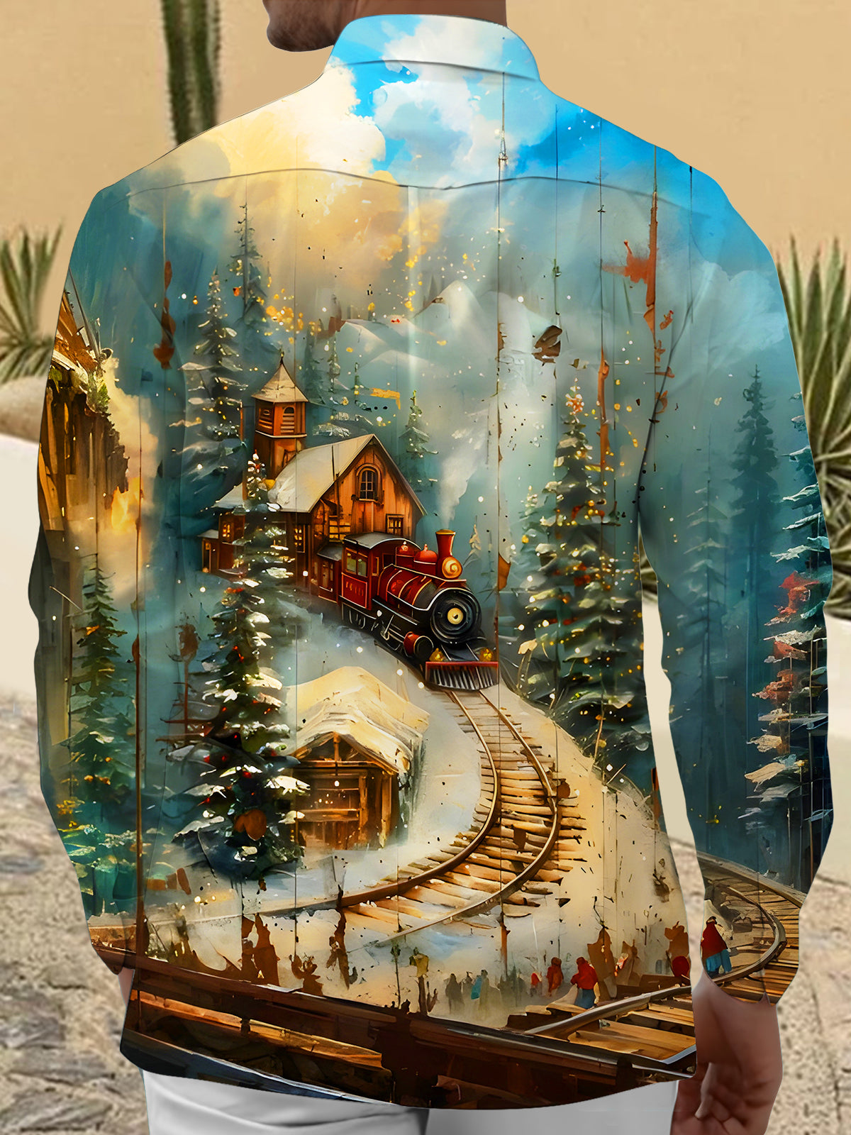 Winter Snow Scene Christmas Tree Train Xmas Men's Pocket Long Sleeve Shirts