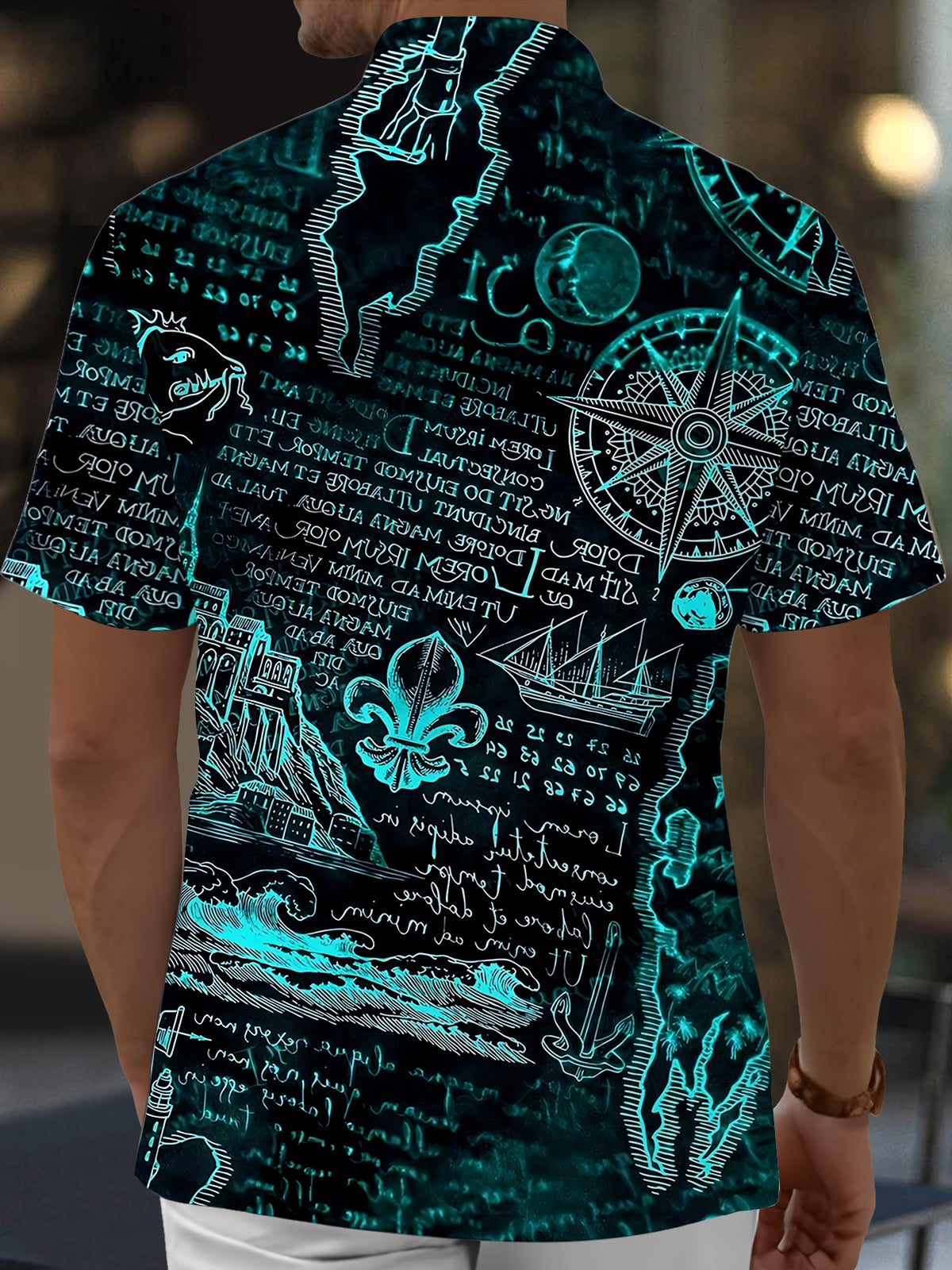 Nautical Map Compass Print Men's Pocket Short Sleeve Shirts
