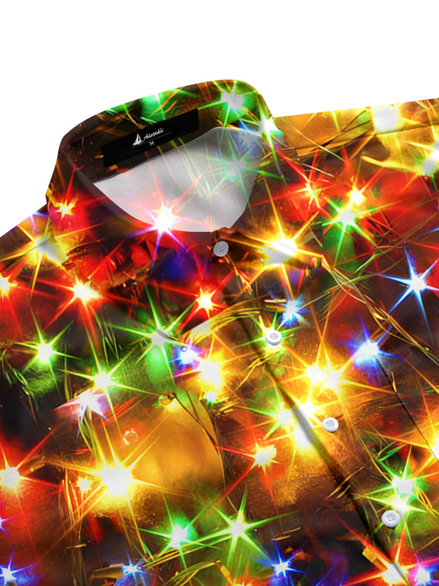 Men's gold neon print long sleeve shirt, side view for Christmas holiday party