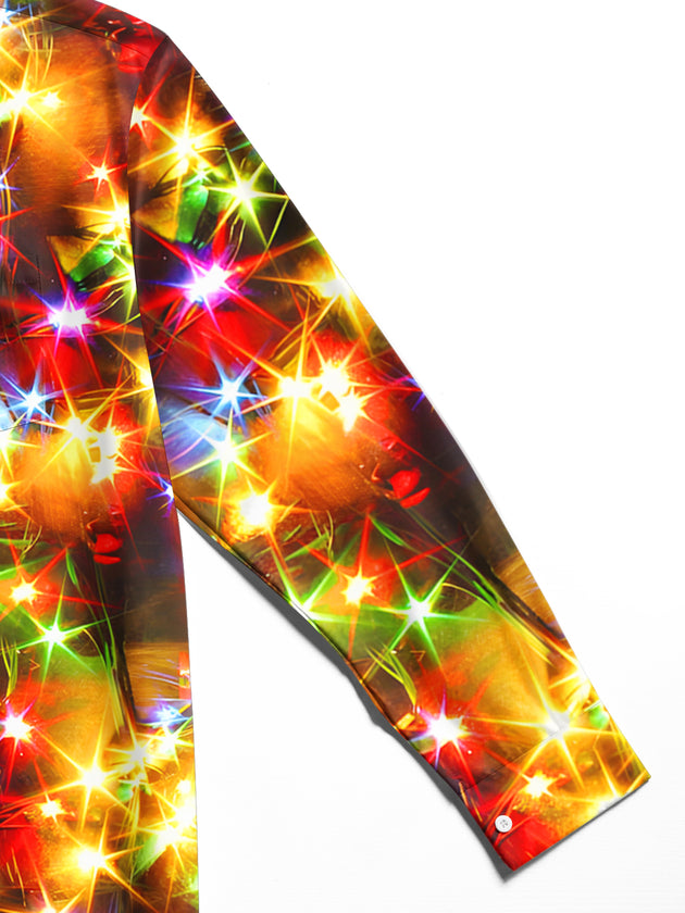 Men's Christmas gold neon print long sleeve shirt pocket detail close-up