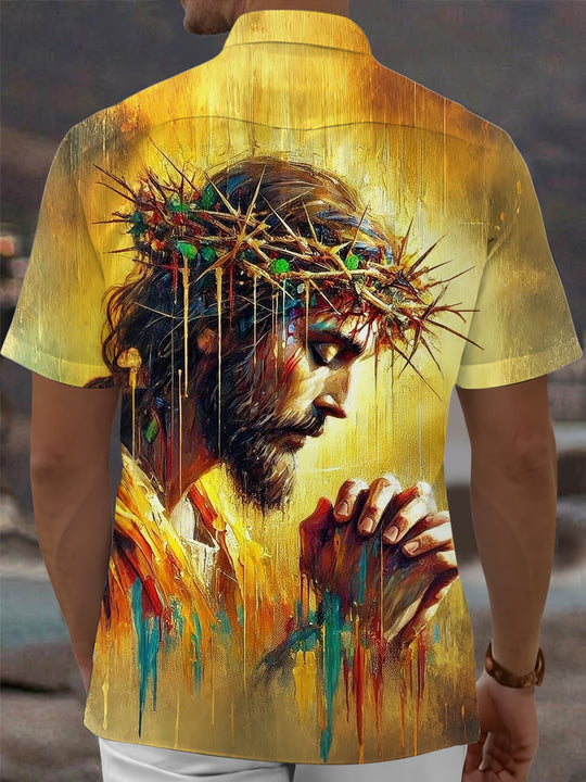Men's short sleeve Christian Jesus print shirt back view