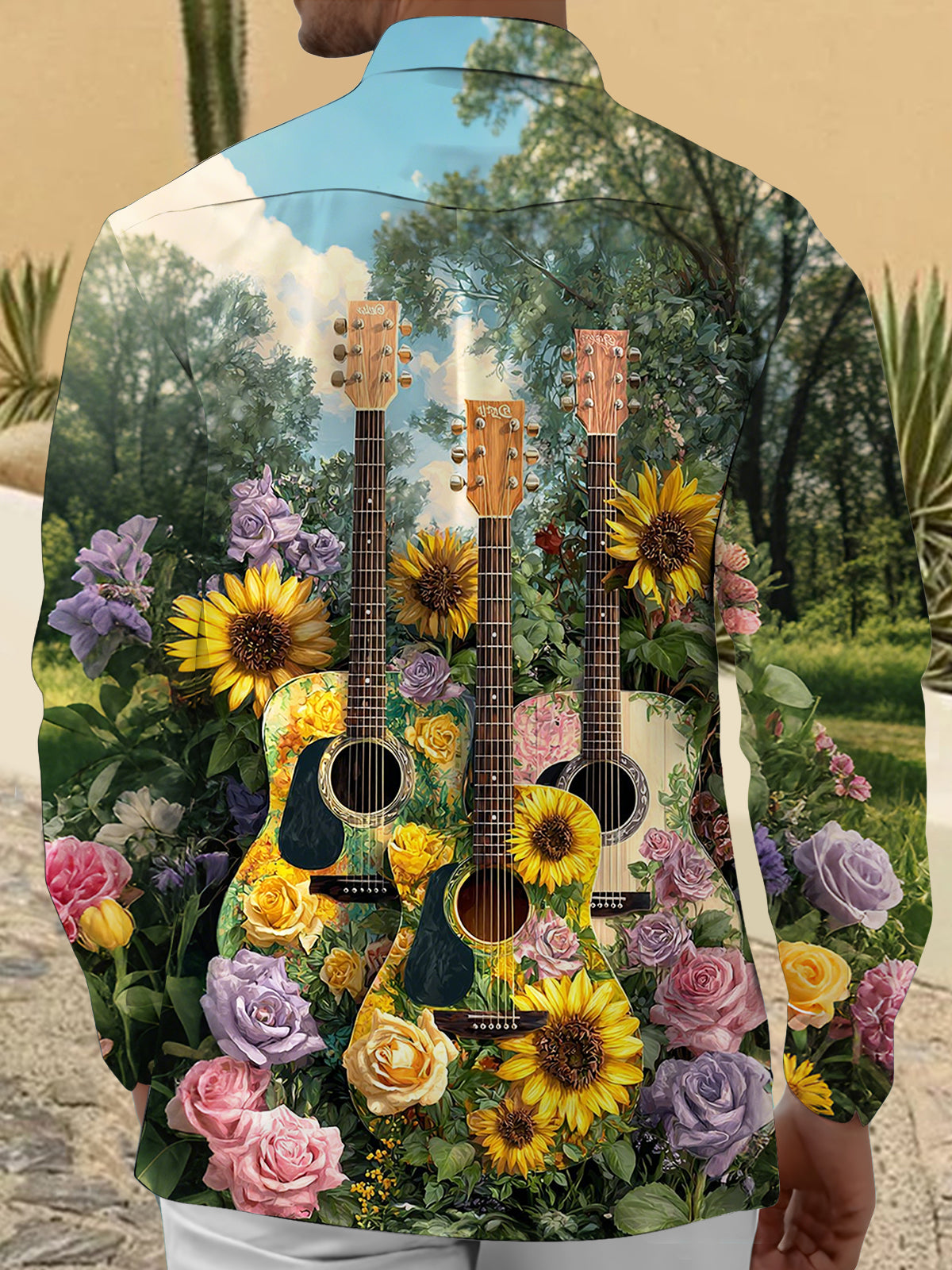Guitar Flower Print Men's Pocket Long Sleeve Shirts