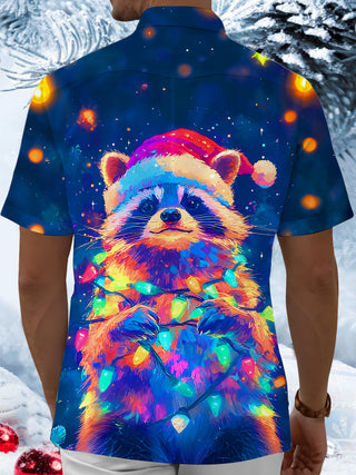 Men's raccoon Christmas lights pocket short sleeve shirt back view