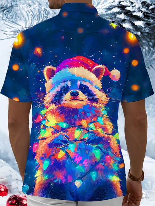 Men's raccoon Christmas lights pocket short sleeve shirt back view