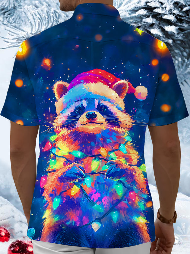 Men's raccoon Christmas lights pocket short sleeve shirt back view