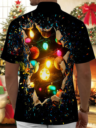 Men's colorful Christmas lights pocket short sleeve shirt back view
