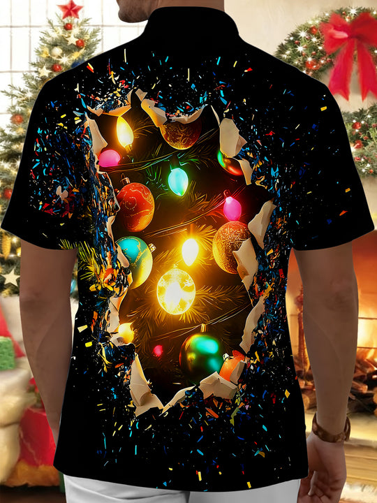 Men's colorful Christmas lights pocket short sleeve shirt back view