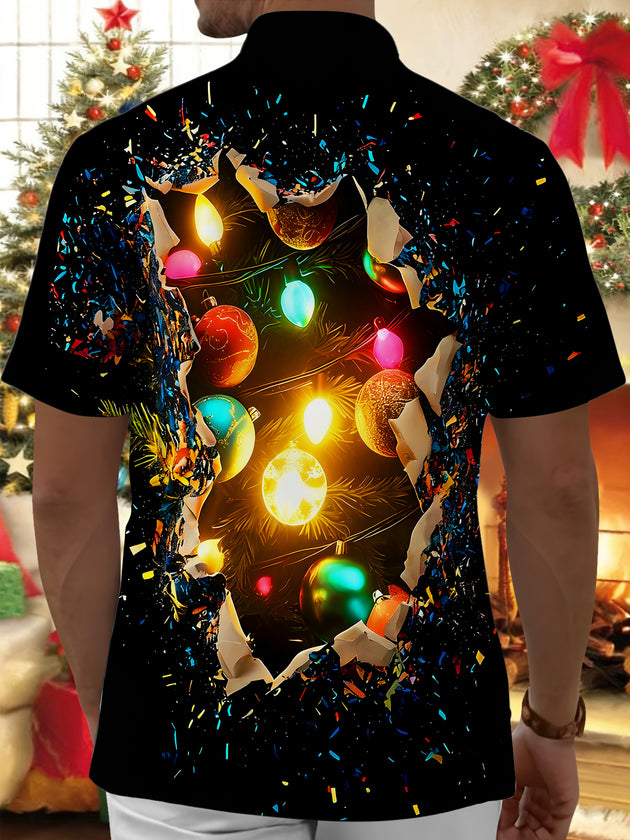 Men's colorful Christmas lights pocket short sleeve shirt back view