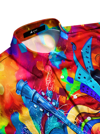 Men's vibrant tie dye guitar print short sleeve shirt side view