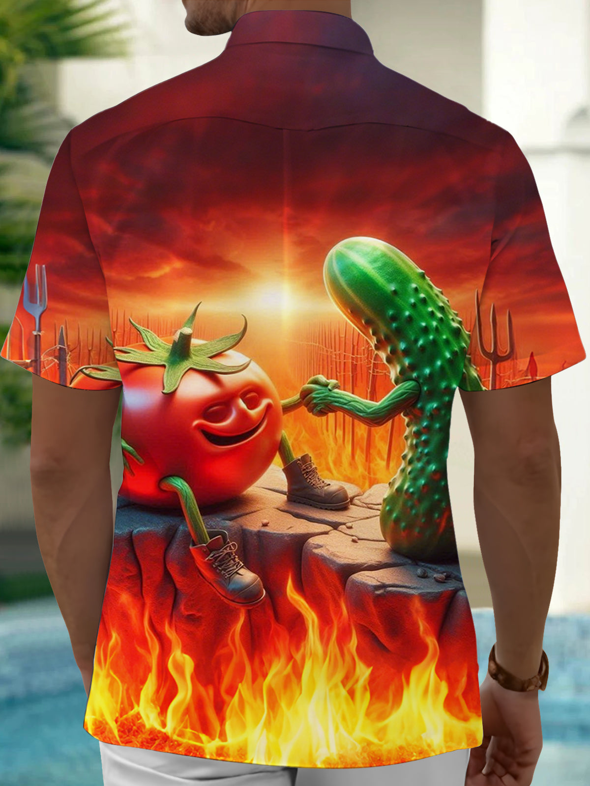 Funny Tomato Cucumber Print Men's Pocket Short Sleeve Shirts