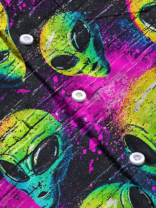 Men's alien print short sleeve pocket shirt pattern detail flat lay