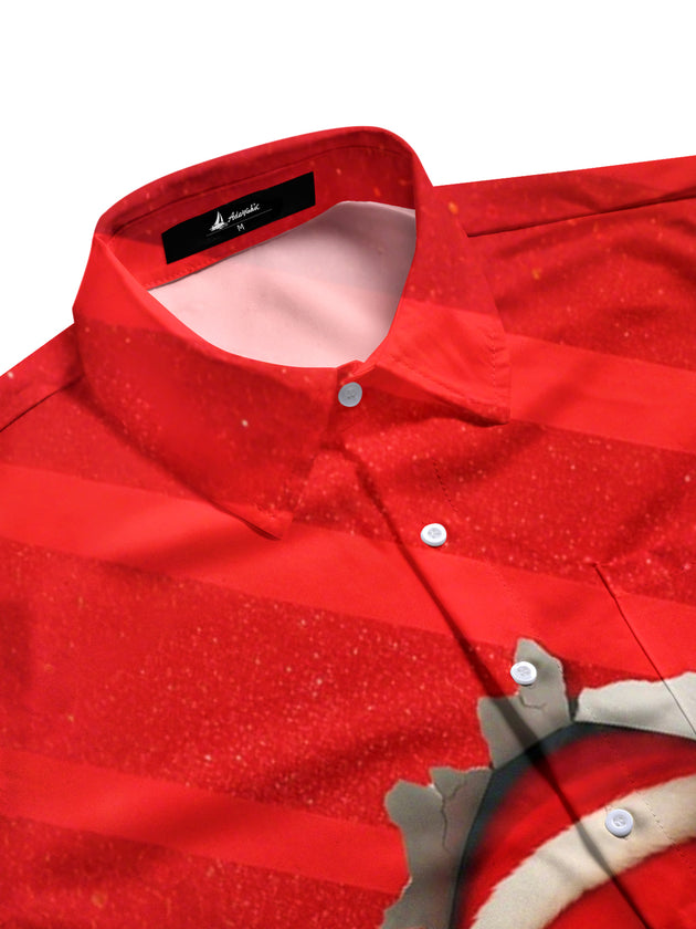 Men's red plaid long sleeve shirt side view with festive holiday print