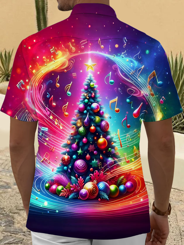 Men's Christmas musical note tree print pocket short sleeve shirt back view