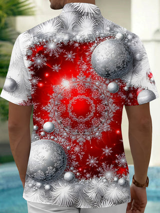 Men's green Christmas ball print short sleeve shirt back view