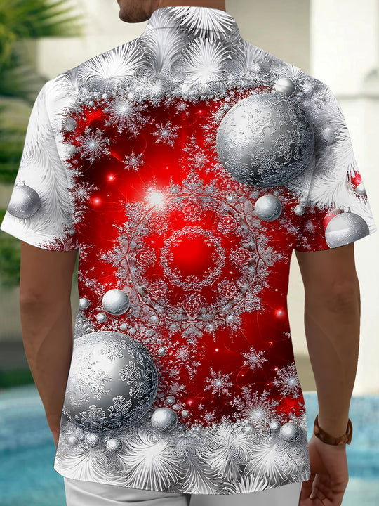 Men's green Christmas ball print short sleeve shirt back view