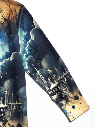Men's Christmas retro print long sleeve shirt fabric texture close-up