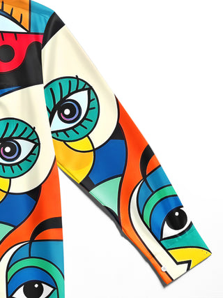 Men's art face eyes long sleeve shirt pocket embroidery detail close-up